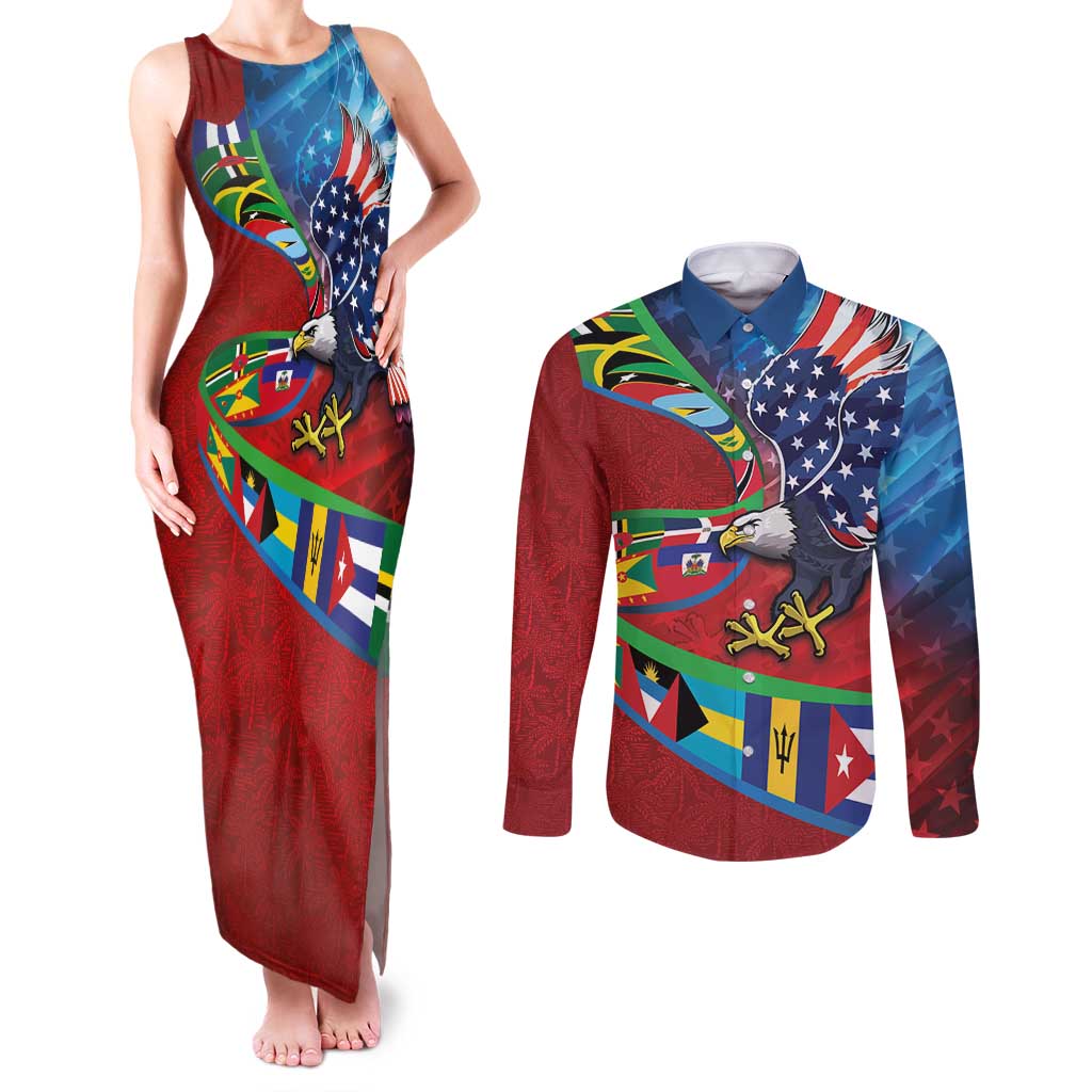 Caribbean-American Heritage Month Couples Matching Tank Maxi Dress and Long Sleeve Button Shirt National Flags Ribbon Wave Style with US Flag Eagle - Wonder Print Shop