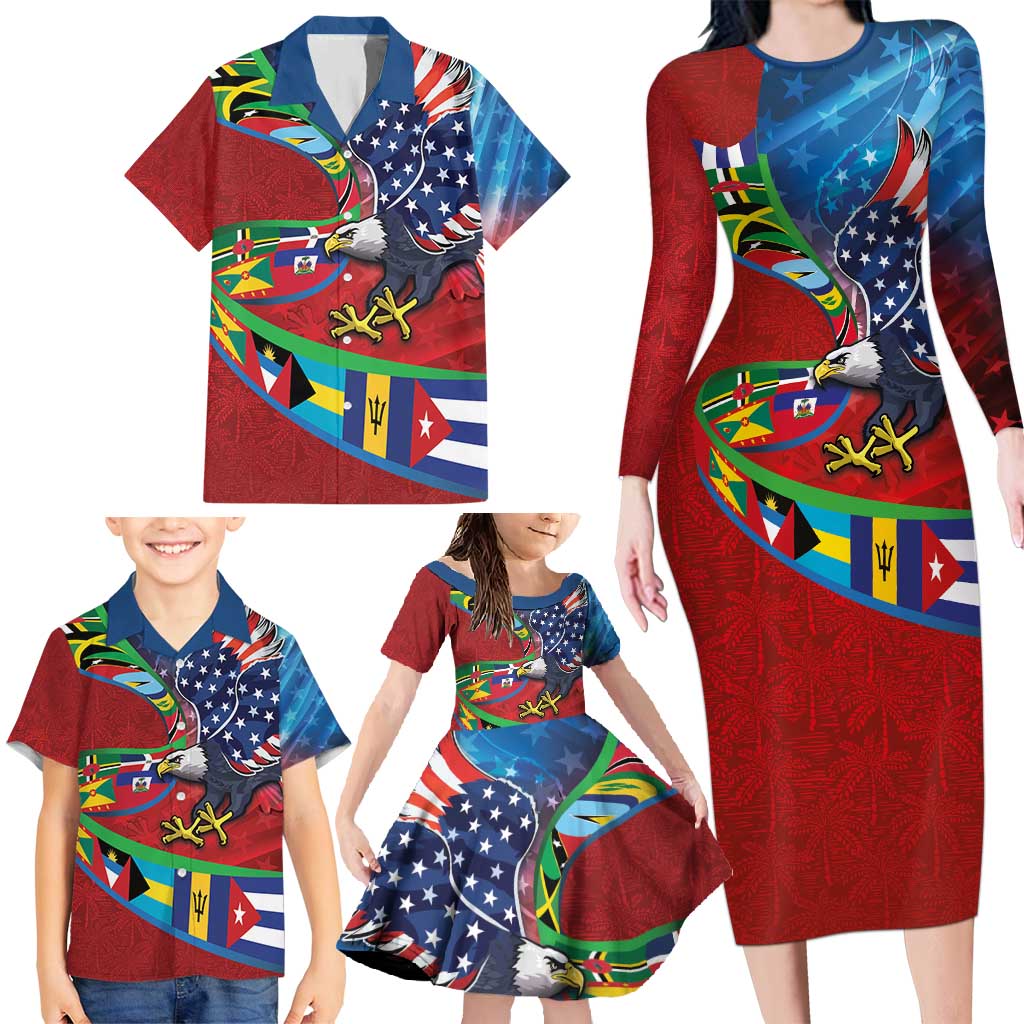 Caribbean-American Heritage Month Family Matching Long Sleeve Bodycon Dress and Hawaiian Shirt National Flags Ribbon Wave Style with US Flag Eagle - Wonder Print Shop