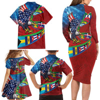Caribbean-American Heritage Month Family Matching Long Sleeve Bodycon Dress and Hawaiian Shirt National Flags Ribbon Wave Style with US Flag Eagle - Wonder Print Shop