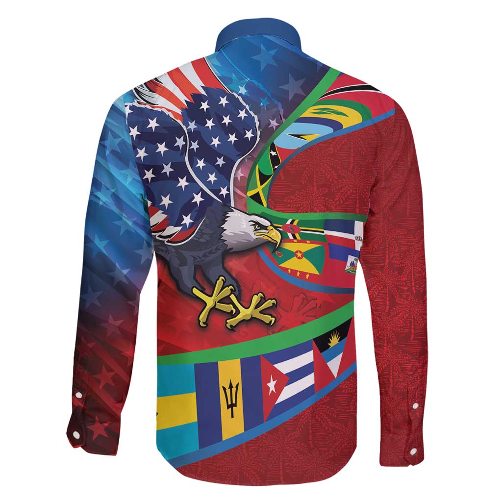 Caribbean-American Heritage Month Family Matching Long Sleeve Bodycon Dress and Hawaiian Shirt National Flags Ribbon Wave Style with US Flag Eagle - Wonder Print Shop