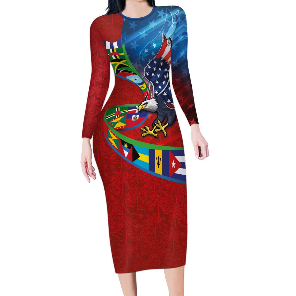 Caribbean-American Heritage Month Family Matching Long Sleeve Bodycon Dress and Hawaiian Shirt National Flags Ribbon Wave Style with US Flag Eagle - Wonder Print Shop
