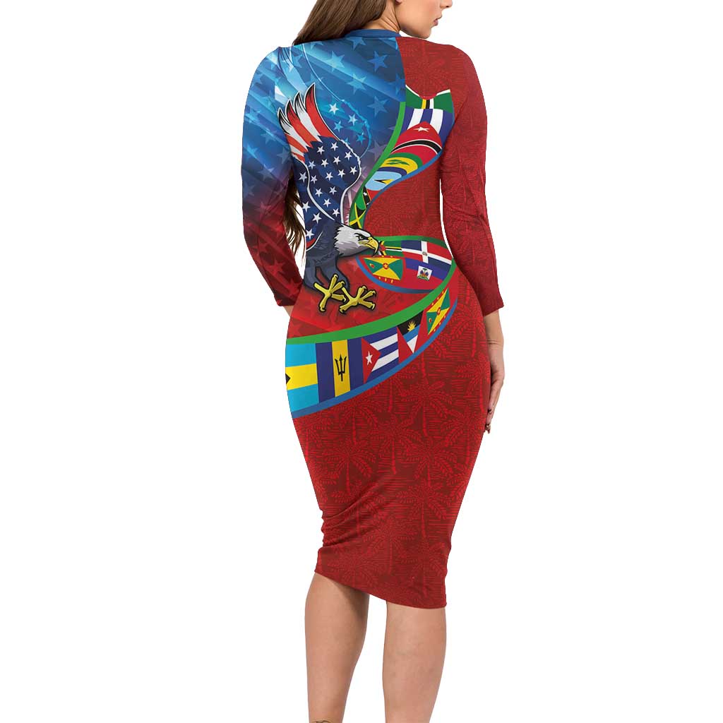 Caribbean-American Heritage Month Family Matching Long Sleeve Bodycon Dress and Hawaiian Shirt National Flags Ribbon Wave Style with US Flag Eagle - Wonder Print Shop