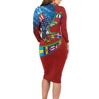 Caribbean-American Heritage Month Family Matching Long Sleeve Bodycon Dress and Hawaiian Shirt National Flags Ribbon Wave Style with US Flag Eagle - Wonder Print Shop