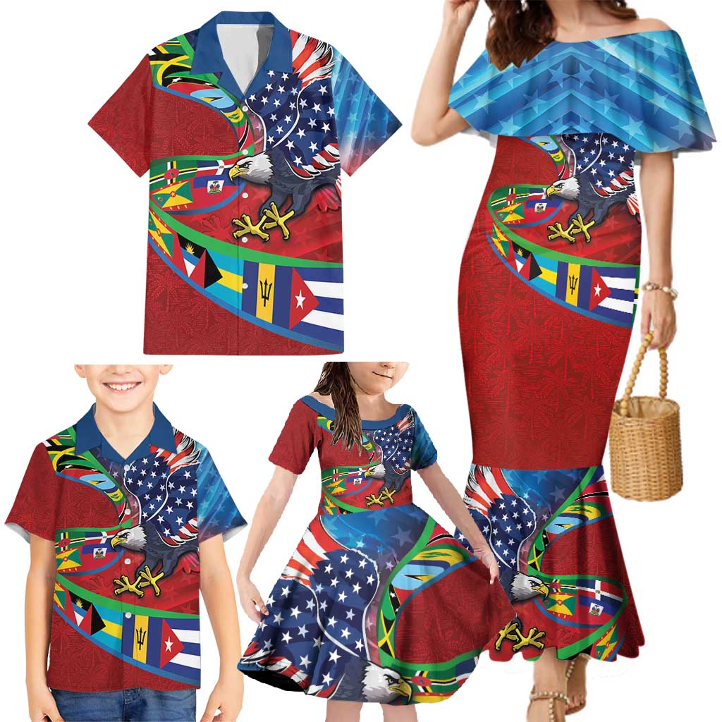 Caribbean-American Heritage Month Family Matching Mermaid Dress and Hawaiian Shirt National Flags Ribbon Wave Style with US Flag Eagle - Wonder Print Shop