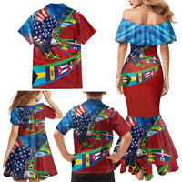 Caribbean-American Heritage Month Family Matching Mermaid Dress and Hawaiian Shirt National Flags Ribbon Wave Style with US Flag Eagle - Wonder Print Shop
