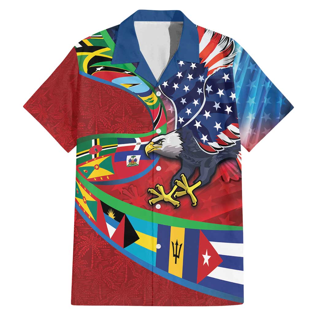 Caribbean-American Heritage Month Family Matching Mermaid Dress and Hawaiian Shirt National Flags Ribbon Wave Style with US Flag Eagle - Wonder Print Shop