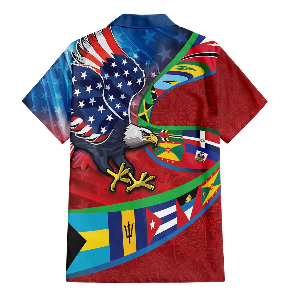 Caribbean-American Heritage Month Family Matching Mermaid Dress and Hawaiian Shirt National Flags Ribbon Wave Style with US Flag Eagle - Wonder Print Shop
