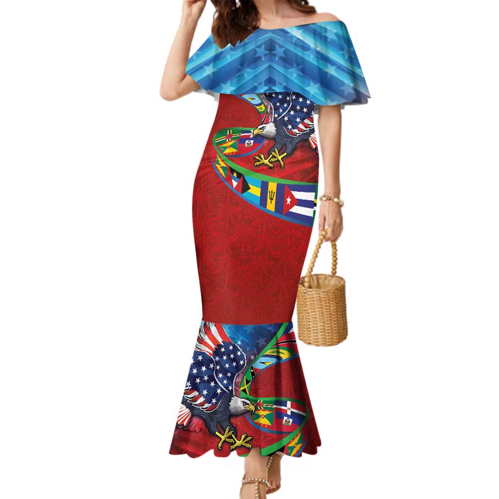 Caribbean-American Heritage Month Family Matching Mermaid Dress and Hawaiian Shirt National Flags Ribbon Wave Style with US Flag Eagle - Wonder Print Shop