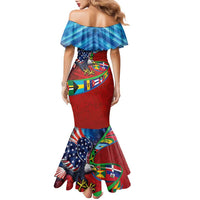 Caribbean-American Heritage Month Family Matching Mermaid Dress and Hawaiian Shirt National Flags Ribbon Wave Style with US Flag Eagle - Wonder Print Shop