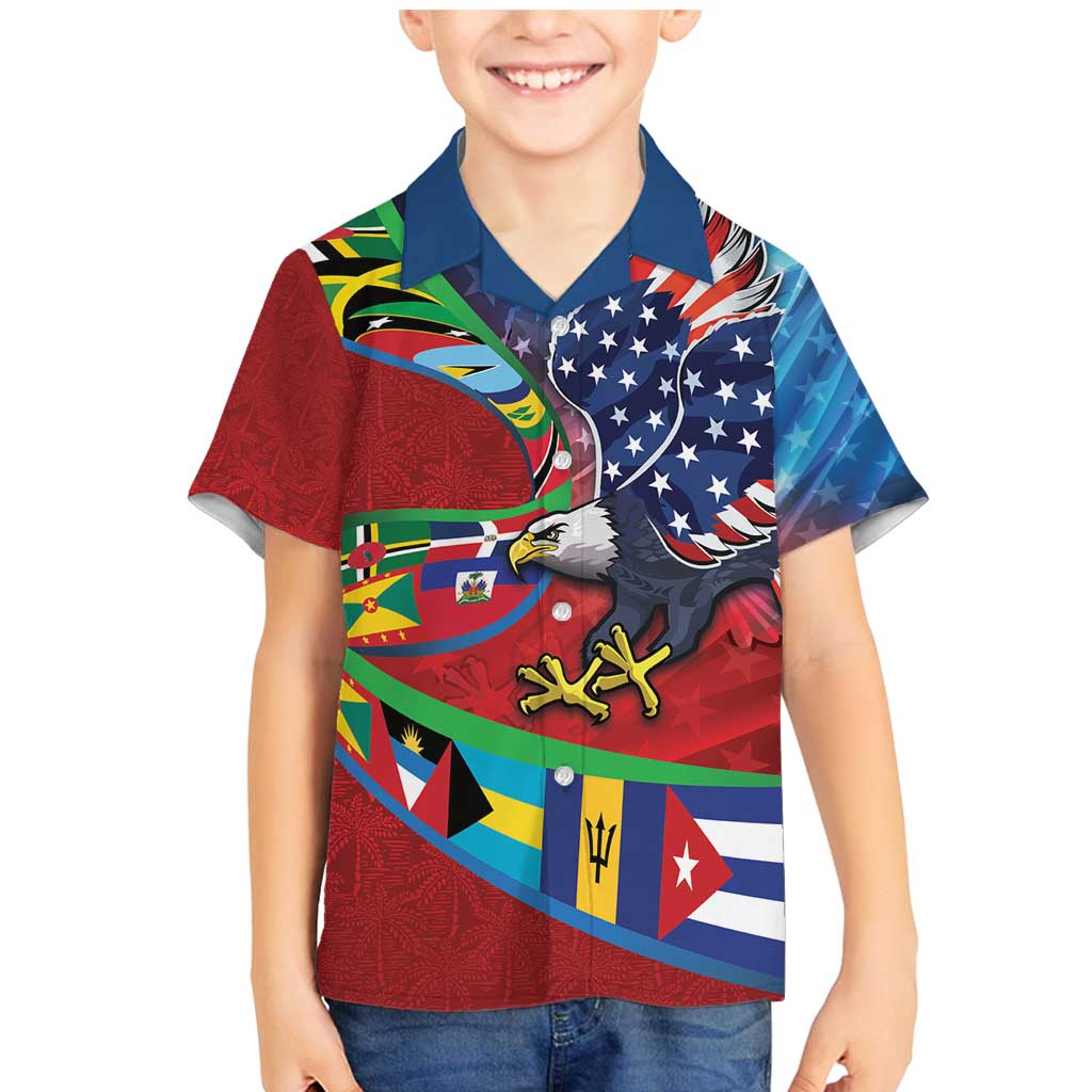 Caribbean-American Heritage Month Family Matching Mermaid Dress and Hawaiian Shirt National Flags Ribbon Wave Style with US Flag Eagle - Wonder Print Shop