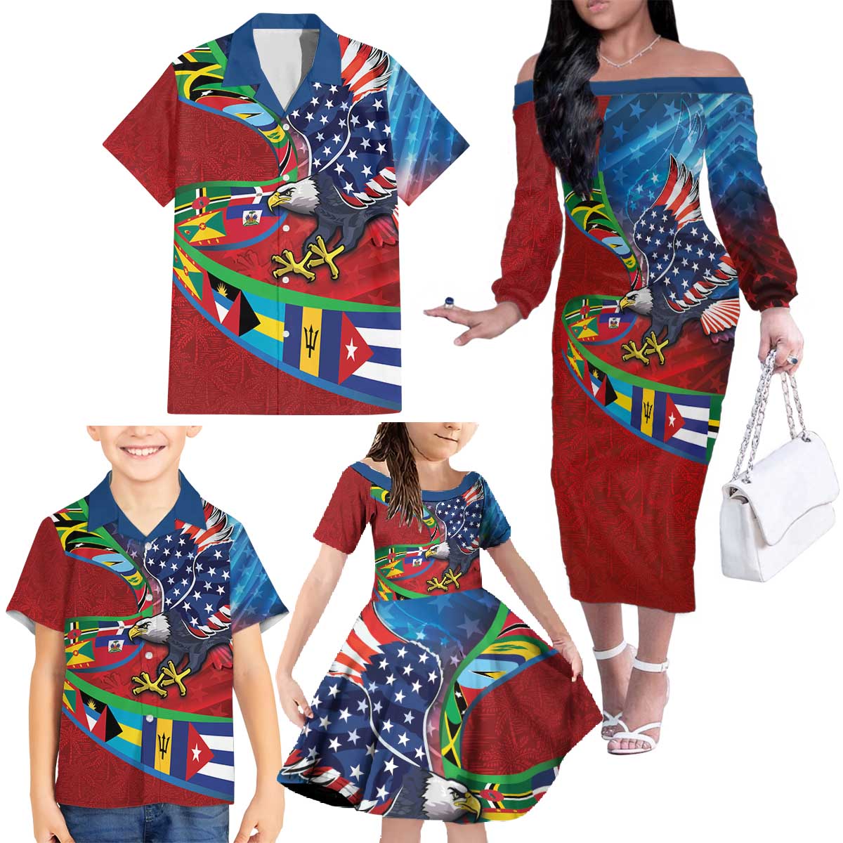 Caribbean-American Heritage Month Family Matching Off The Shoulder Long Sleeve Dress and Hawaiian Shirt National Flags Ribbon Wave Style with US Flag Eagle - Wonder Print Shop