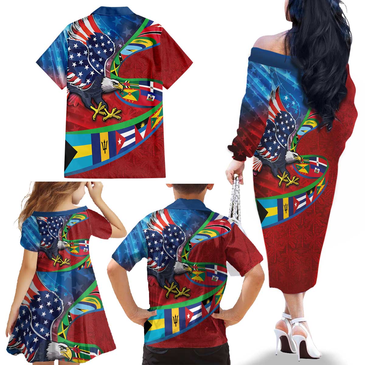 Caribbean-American Heritage Month Family Matching Off The Shoulder Long Sleeve Dress and Hawaiian Shirt National Flags Ribbon Wave Style with US Flag Eagle - Wonder Print Shop