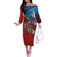 Caribbean-American Heritage Month Family Matching Off The Shoulder Long Sleeve Dress and Hawaiian Shirt National Flags Ribbon Wave Style with US Flag Eagle - Wonder Print Shop
