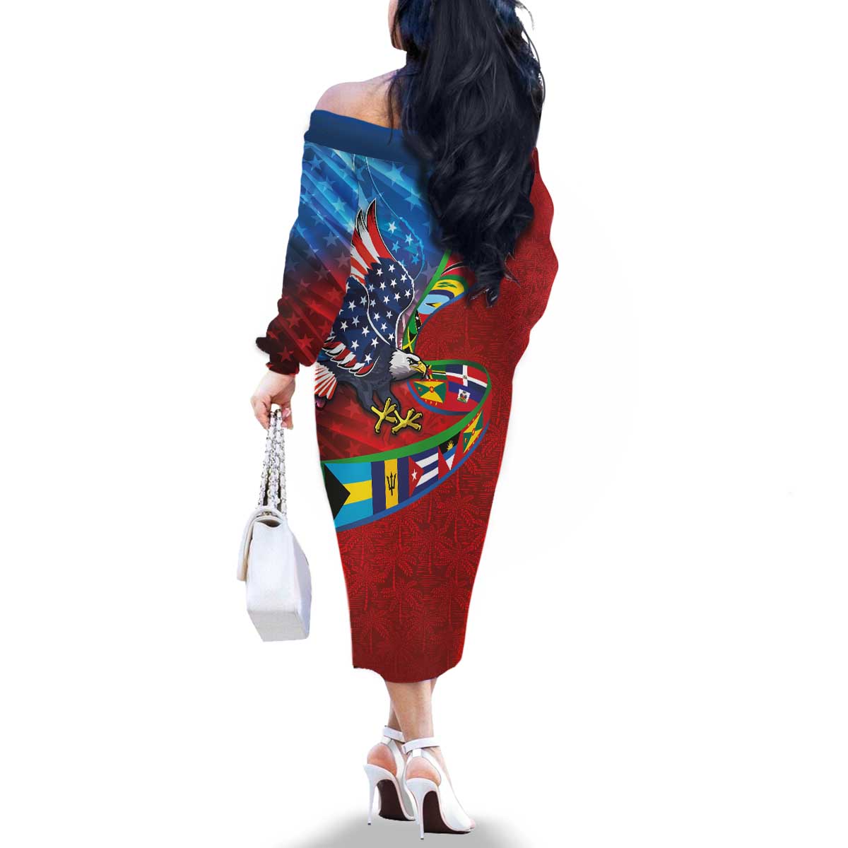 Caribbean-American Heritage Month Family Matching Off The Shoulder Long Sleeve Dress and Hawaiian Shirt National Flags Ribbon Wave Style with US Flag Eagle - Wonder Print Shop