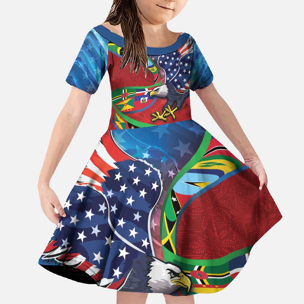 Caribbean-American Heritage Month Family Matching Off Shoulder Maxi Dress and Hawaiian Shirt National Flags Ribbon Wave Style with US Flag Eagle - Wonder Print Shop