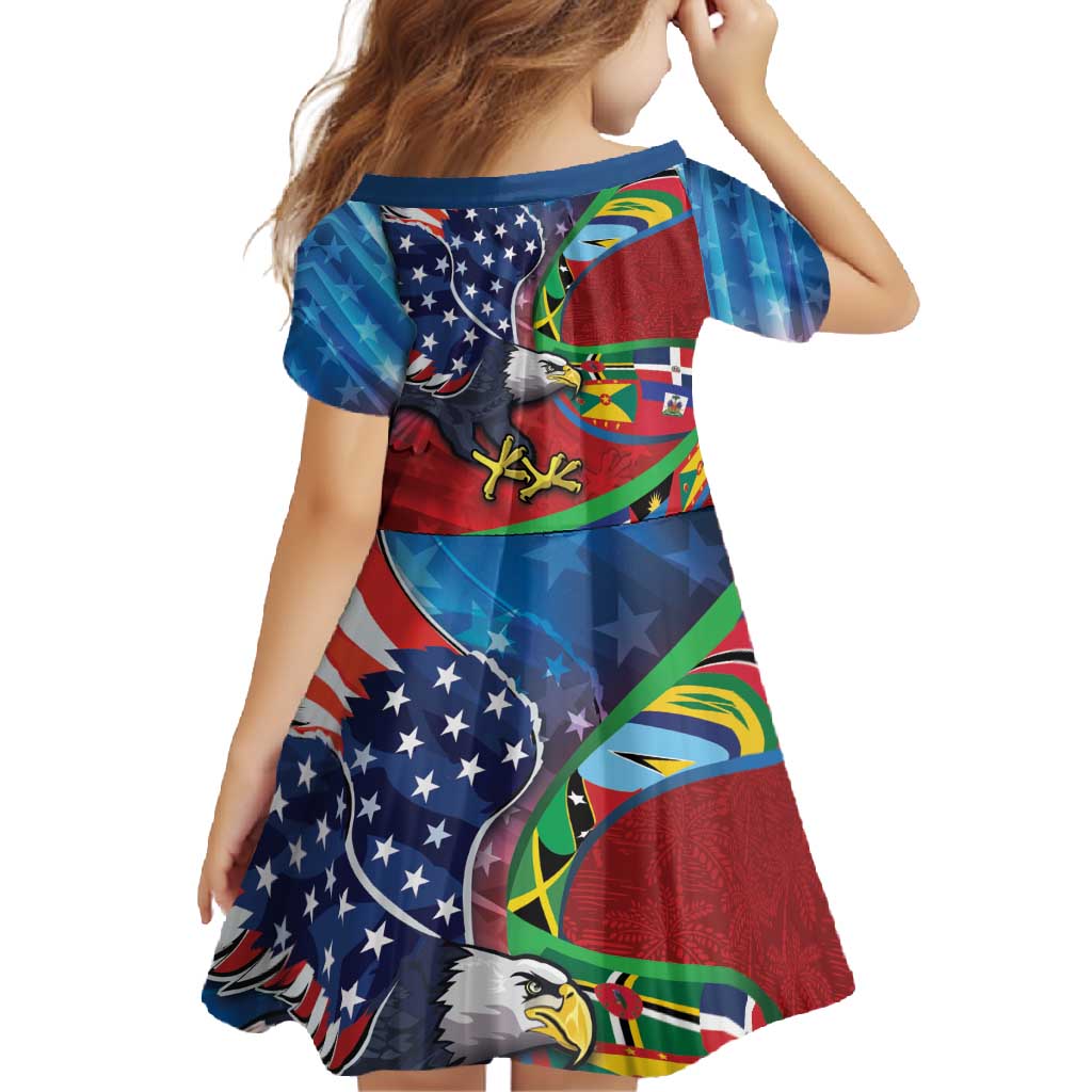 Caribbean-American Heritage Month Family Matching Off Shoulder Maxi Dress and Hawaiian Shirt National Flags Ribbon Wave Style with US Flag Eagle - Wonder Print Shop