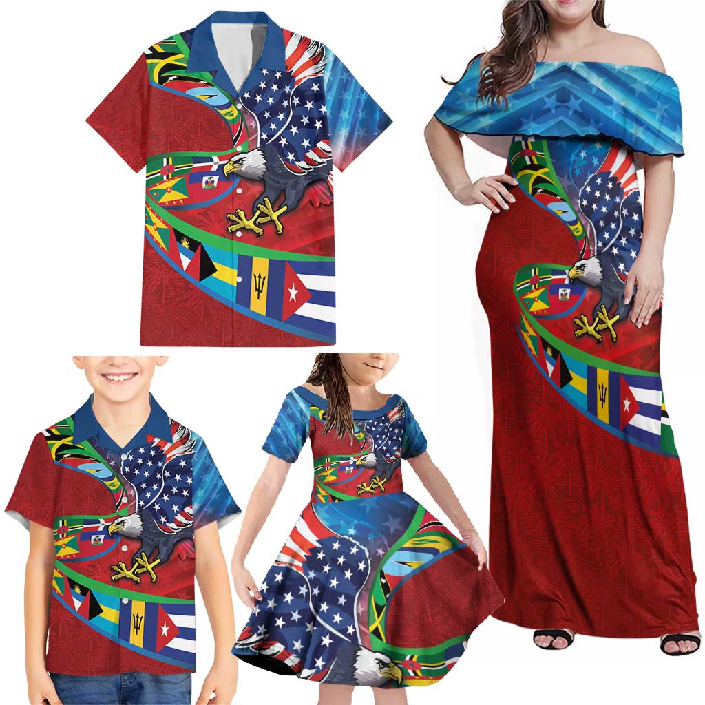 Caribbean-American Heritage Month Family Matching Off Shoulder Maxi Dress and Hawaiian Shirt National Flags Ribbon Wave Style with US Flag Eagle - Wonder Print Shop