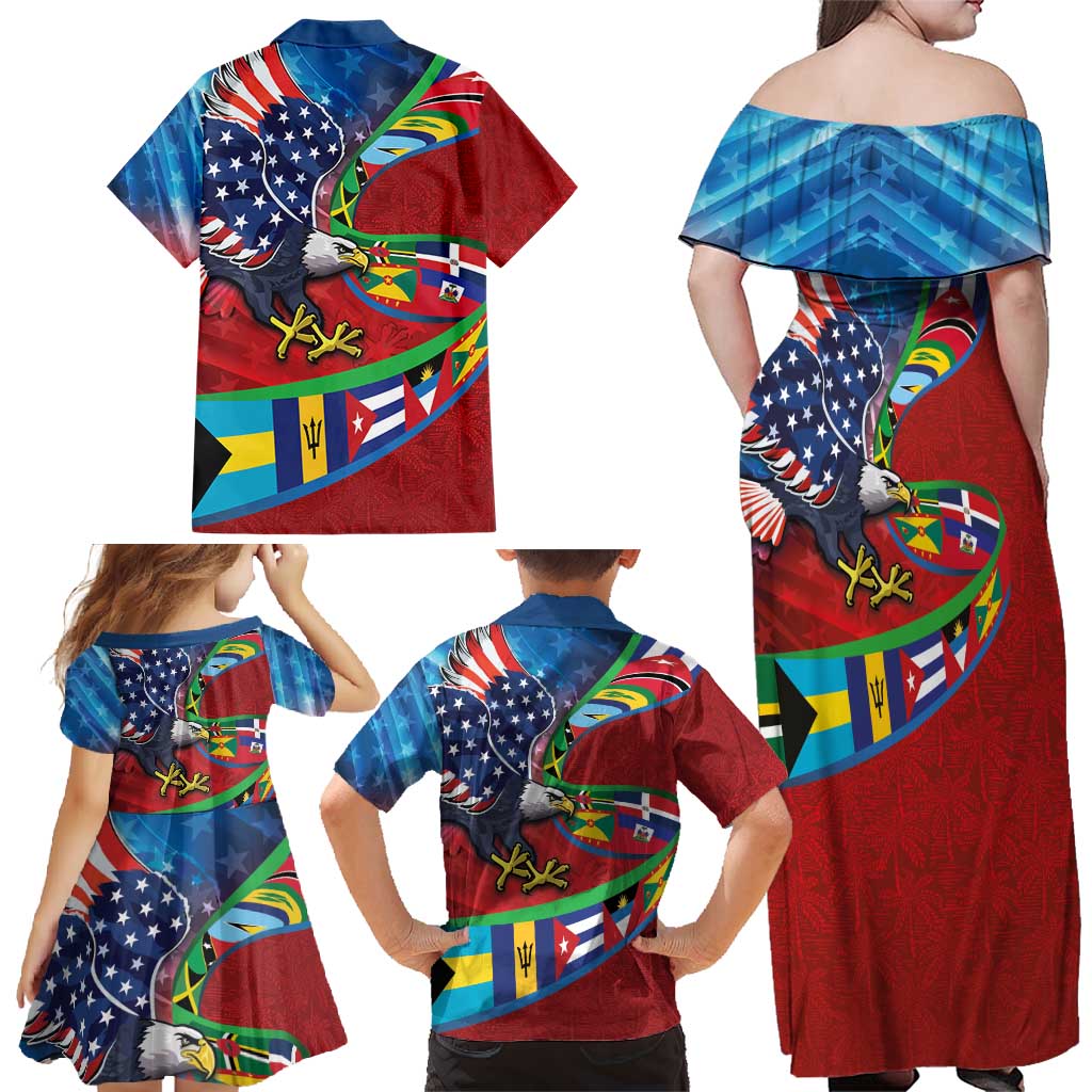 Caribbean-American Heritage Month Family Matching Off Shoulder Maxi Dress and Hawaiian Shirt National Flags Ribbon Wave Style with US Flag Eagle - Wonder Print Shop