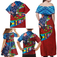 Caribbean-American Heritage Month Family Matching Off Shoulder Maxi Dress and Hawaiian Shirt National Flags Ribbon Wave Style with US Flag Eagle - Wonder Print Shop