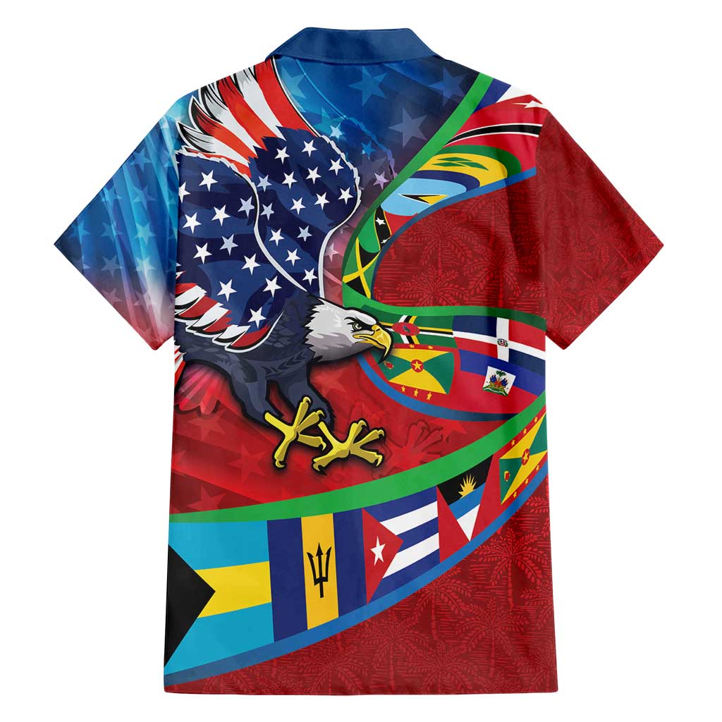 Caribbean-American Heritage Month Family Matching Off Shoulder Maxi Dress and Hawaiian Shirt National Flags Ribbon Wave Style with US Flag Eagle - Wonder Print Shop