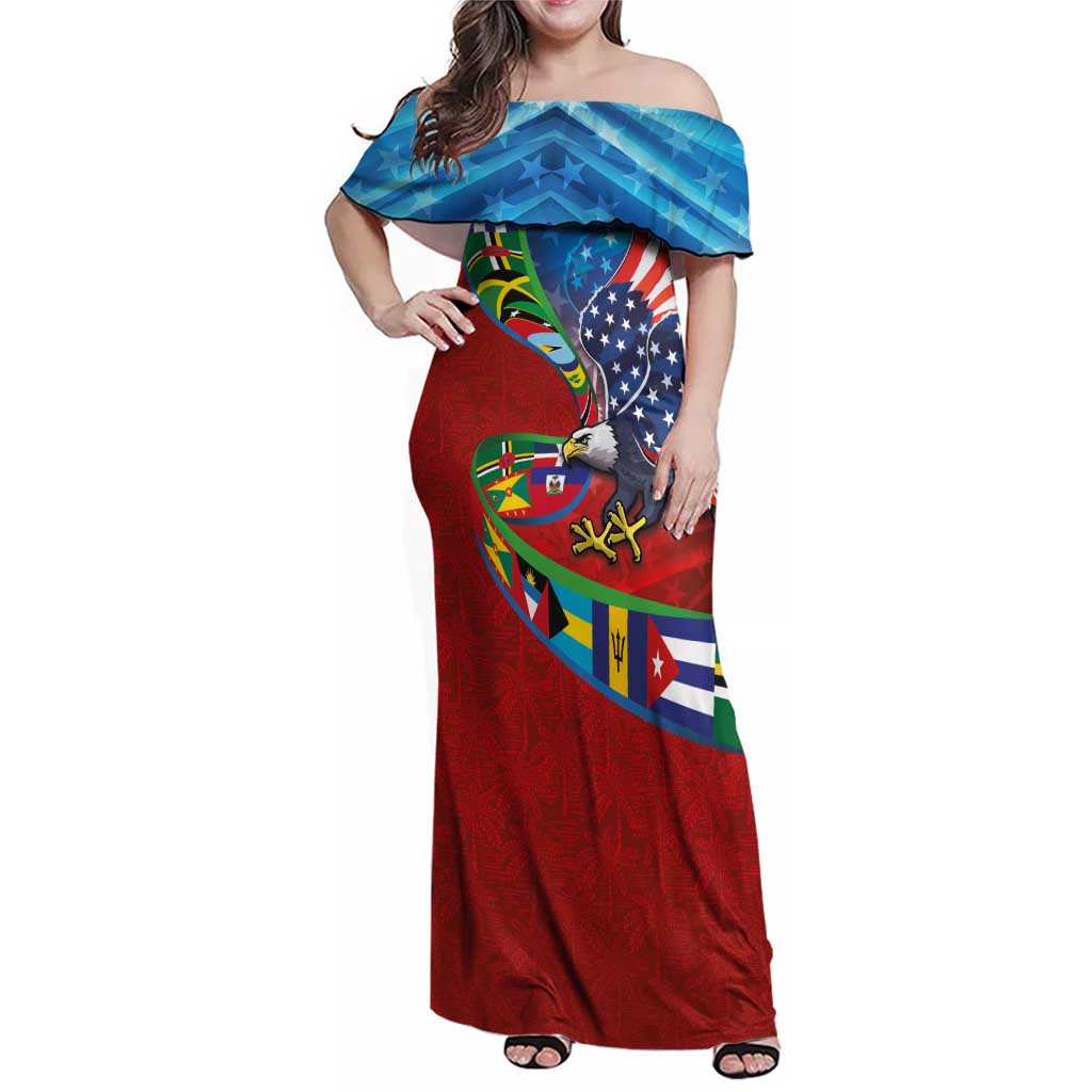 Caribbean-American Heritage Month Family Matching Off Shoulder Maxi Dress and Hawaiian Shirt National Flags Ribbon Wave Style with US Flag Eagle - Wonder Print Shop