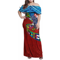 Caribbean-American Heritage Month Family Matching Off Shoulder Maxi Dress and Hawaiian Shirt National Flags Ribbon Wave Style with US Flag Eagle - Wonder Print Shop