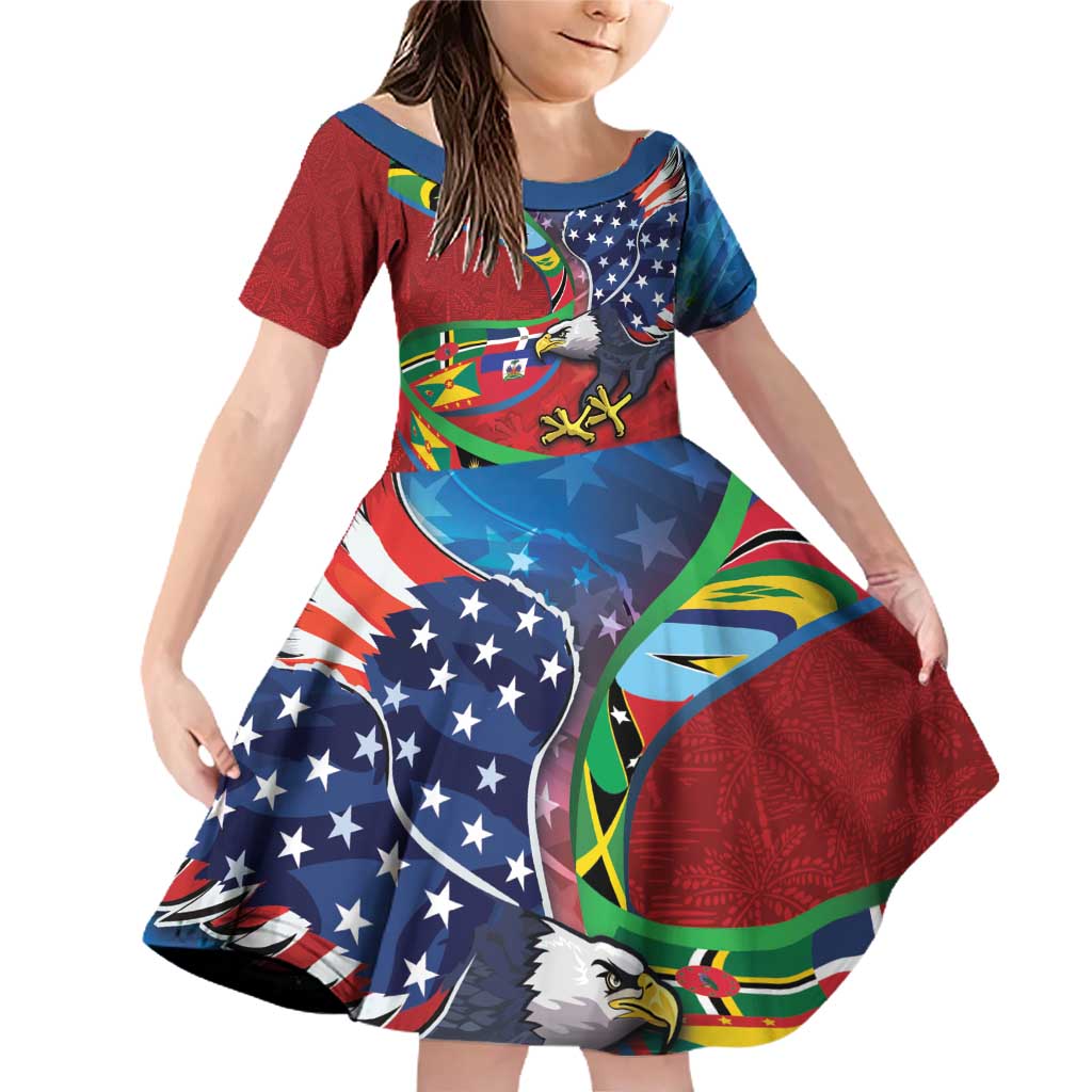 Caribbean-American Heritage Month Family Matching Off Shoulder Short Dress and Hawaiian Shirt National Flags Ribbon Wave Style with US Flag Eagle - Wonder Print Shop