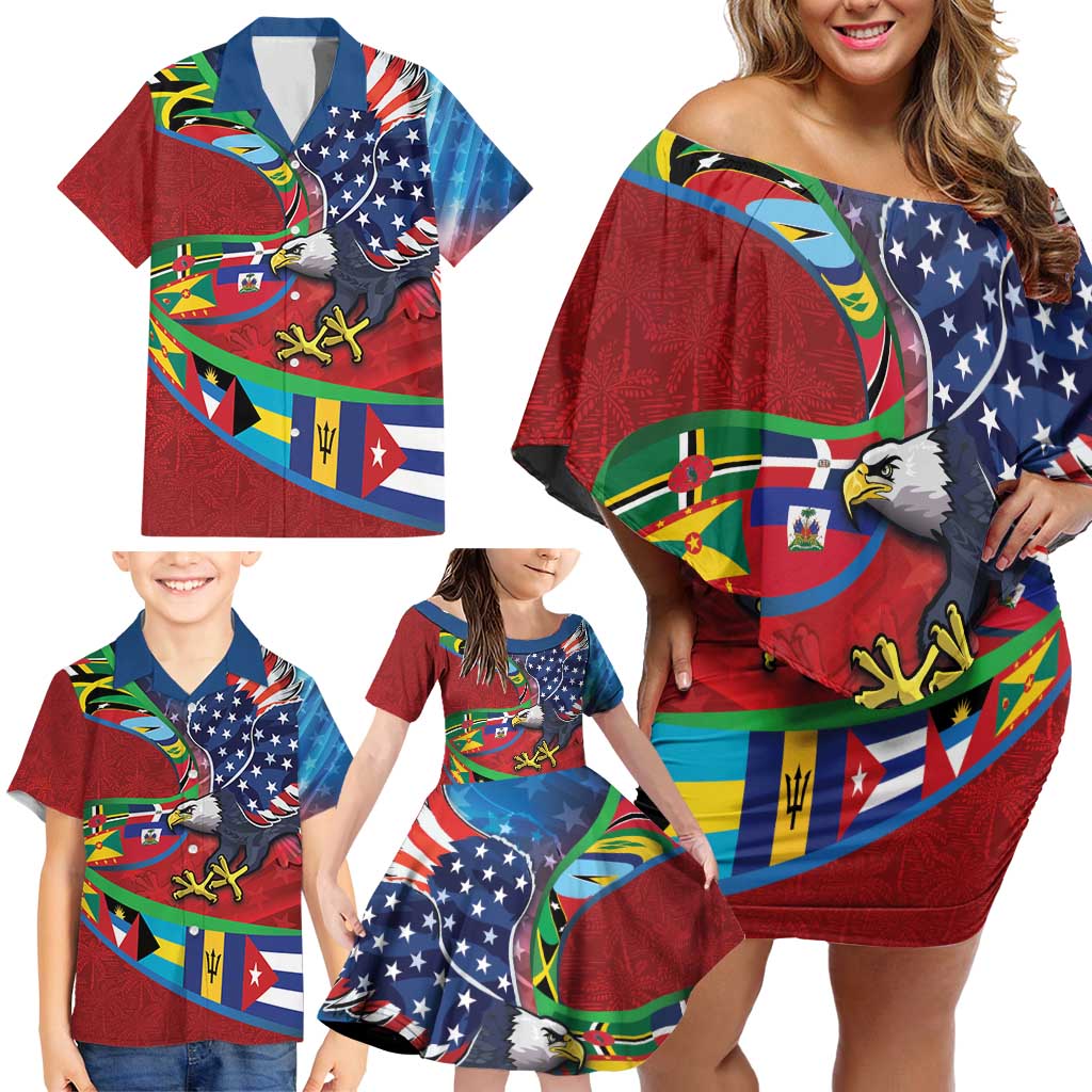 Caribbean-American Heritage Month Family Matching Off Shoulder Short Dress and Hawaiian Shirt National Flags Ribbon Wave Style with US Flag Eagle - Wonder Print Shop