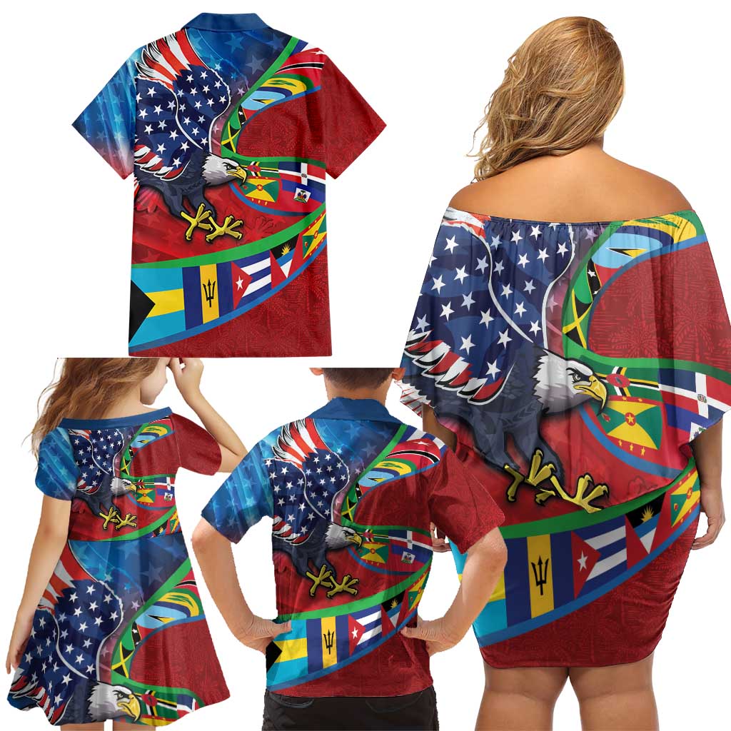 Caribbean-American Heritage Month Family Matching Off Shoulder Short Dress and Hawaiian Shirt National Flags Ribbon Wave Style with US Flag Eagle - Wonder Print Shop