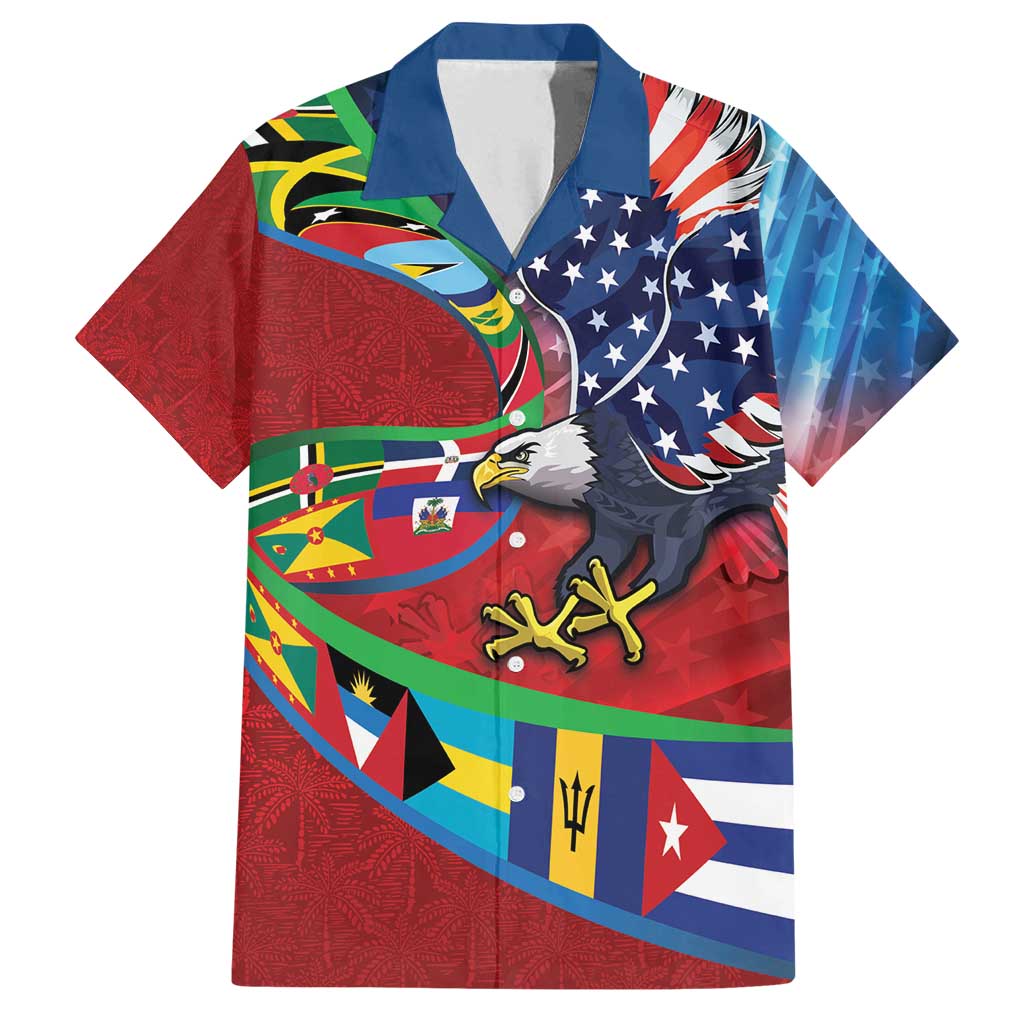 Caribbean-American Heritage Month Family Matching Off Shoulder Short Dress and Hawaiian Shirt National Flags Ribbon Wave Style with US Flag Eagle - Wonder Print Shop