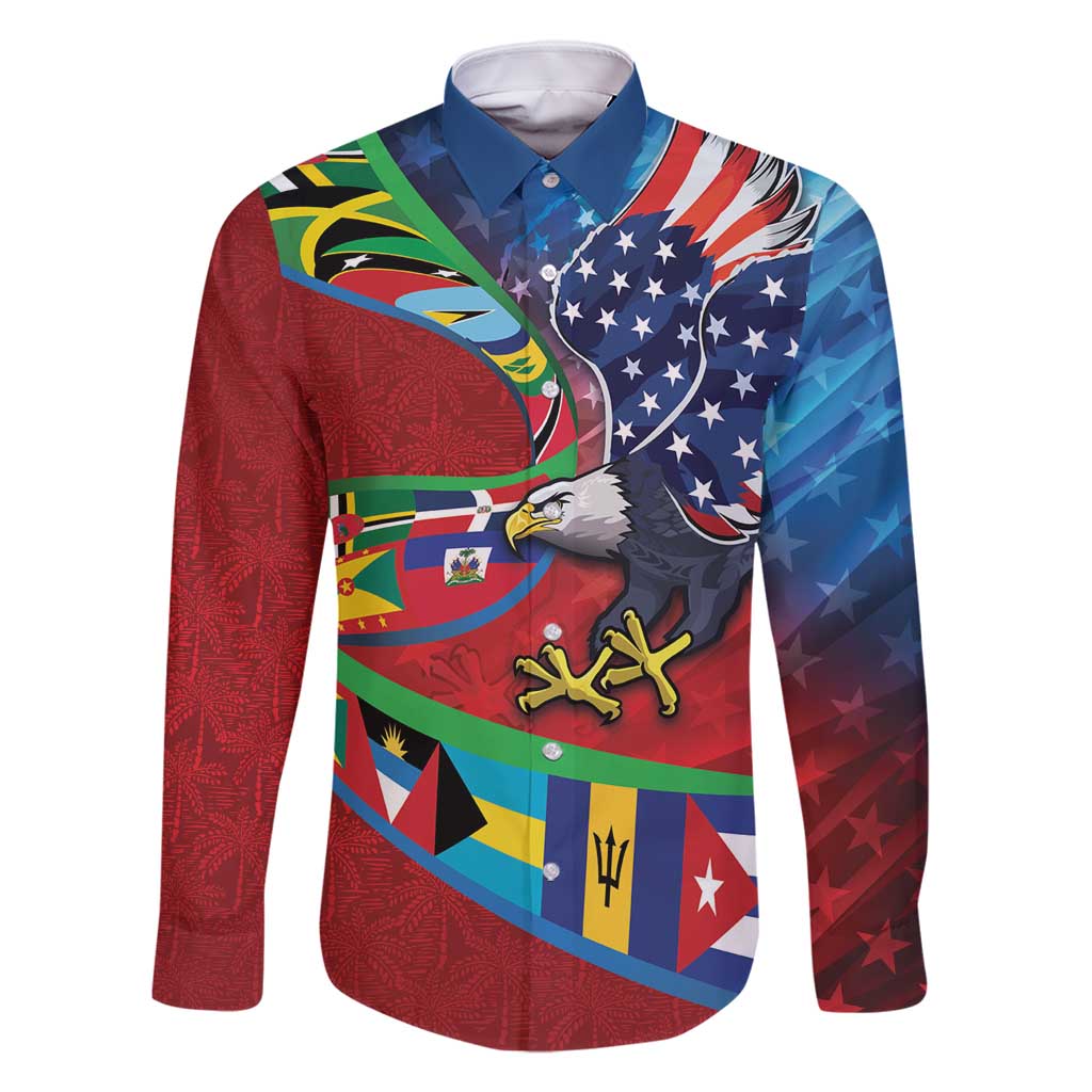 Caribbean-American Heritage Month Family Matching Off Shoulder Short Dress and Hawaiian Shirt National Flags Ribbon Wave Style with US Flag Eagle - Wonder Print Shop