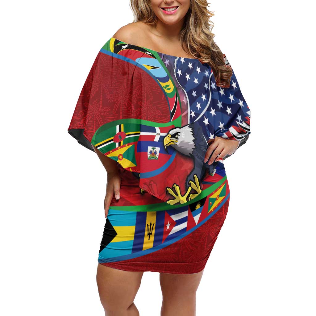 Caribbean-American Heritage Month Family Matching Off Shoulder Short Dress and Hawaiian Shirt National Flags Ribbon Wave Style with US Flag Eagle - Wonder Print Shop