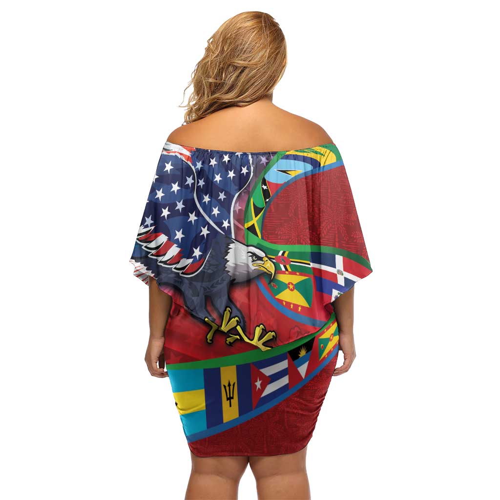 Caribbean-American Heritage Month Family Matching Off Shoulder Short Dress and Hawaiian Shirt National Flags Ribbon Wave Style with US Flag Eagle - Wonder Print Shop