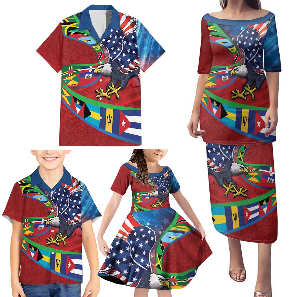 Caribbean-American Heritage Month Family Matching Puletasi and Hawaiian Shirt National Flags Ribbon Wave Style with US Flag Eagle - Wonder Print Shop