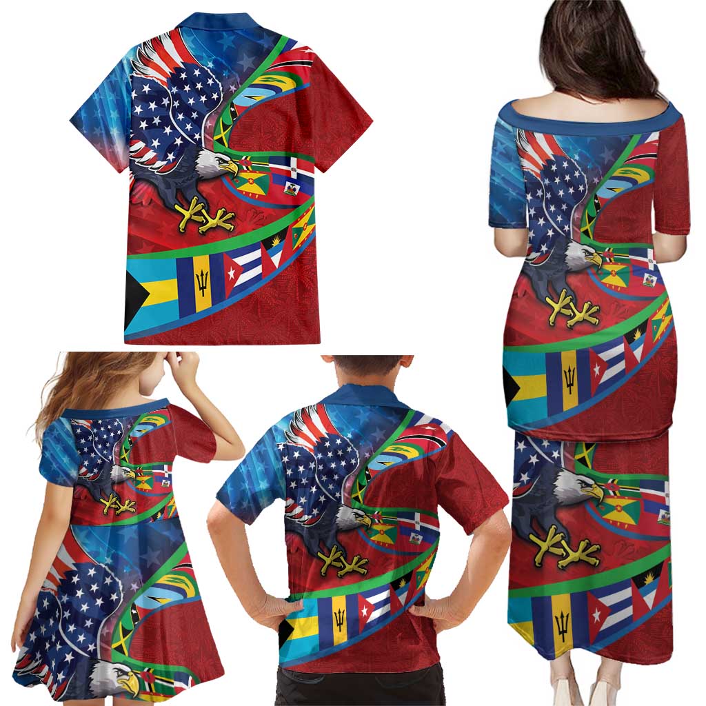 Caribbean-American Heritage Month Family Matching Puletasi and Hawaiian Shirt National Flags Ribbon Wave Style with US Flag Eagle - Wonder Print Shop