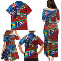 Caribbean-American Heritage Month Family Matching Puletasi and Hawaiian Shirt National Flags Ribbon Wave Style with US Flag Eagle - Wonder Print Shop