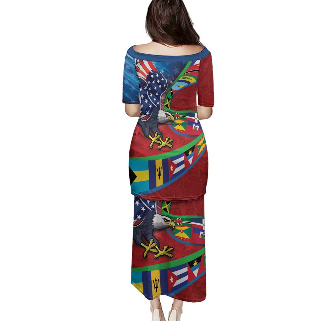 Caribbean-American Heritage Month Family Matching Puletasi and Hawaiian Shirt National Flags Ribbon Wave Style with US Flag Eagle - Wonder Print Shop