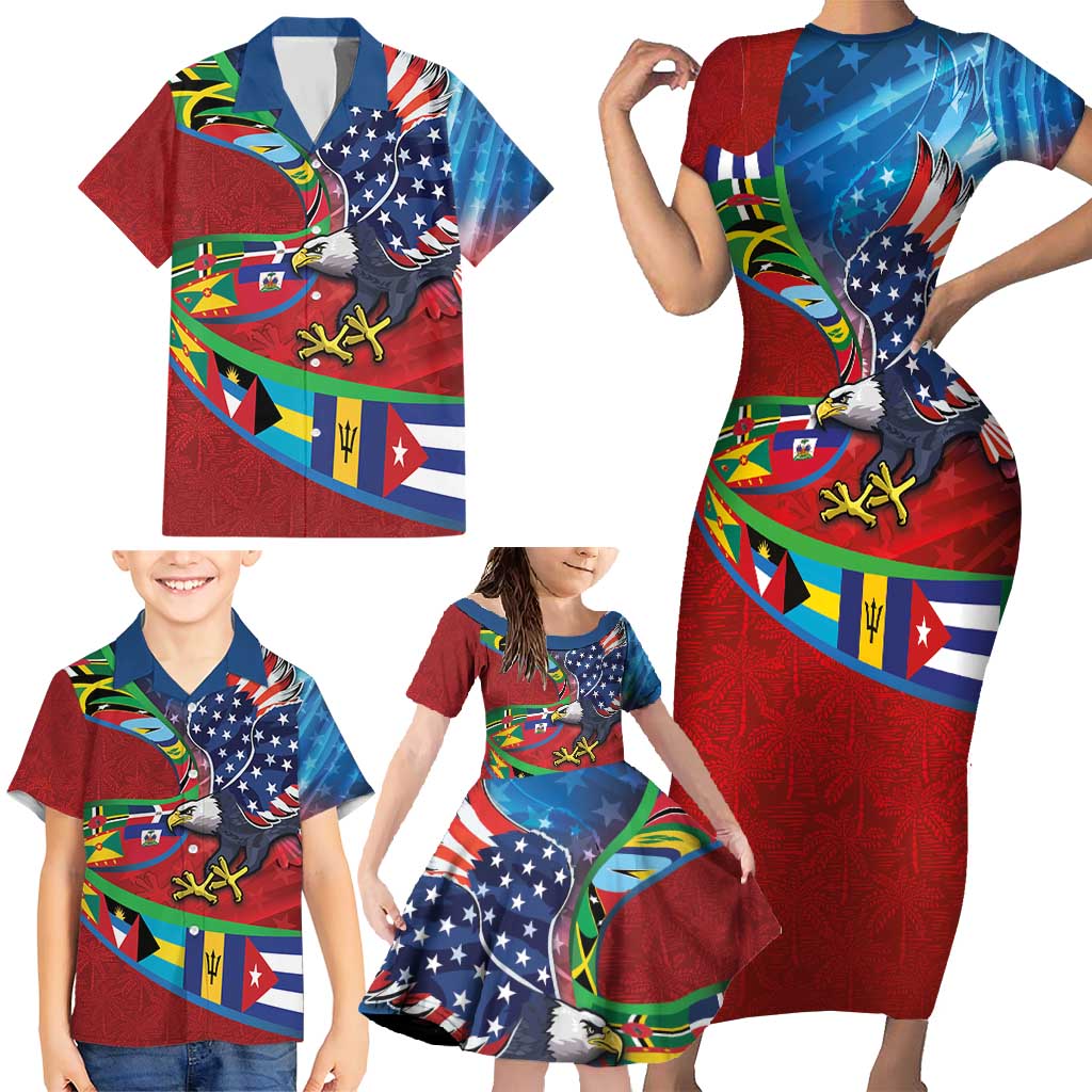 Caribbean-American Heritage Month Family Matching Short Sleeve Bodycon Dress and Hawaiian Shirt National Flags Ribbon Wave Style with US Flag Eagle - Wonder Print Shop
