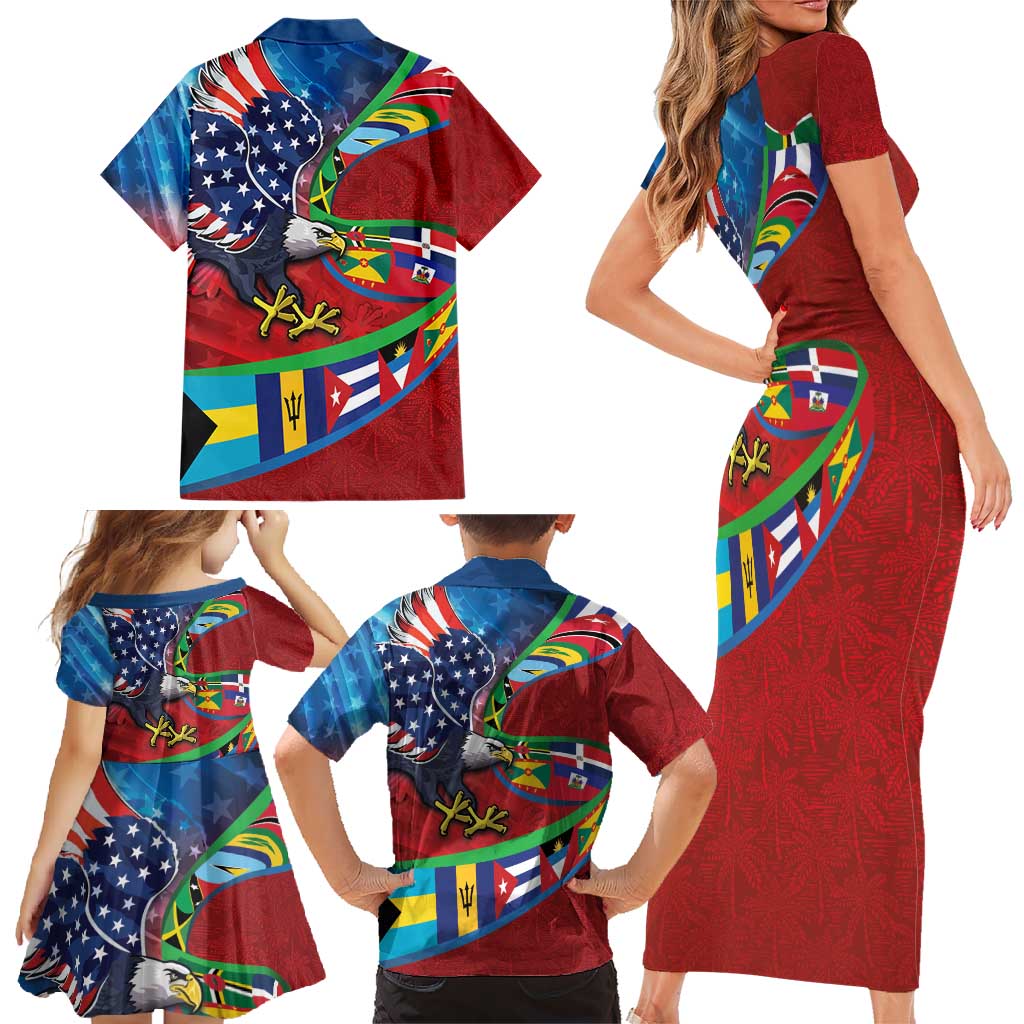 Caribbean-American Heritage Month Family Matching Short Sleeve Bodycon Dress and Hawaiian Shirt National Flags Ribbon Wave Style with US Flag Eagle - Wonder Print Shop