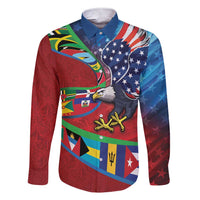 Caribbean-American Heritage Month Family Matching Short Sleeve Bodycon Dress and Hawaiian Shirt National Flags Ribbon Wave Style with US Flag Eagle - Wonder Print Shop