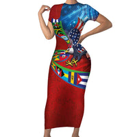 Caribbean-American Heritage Month Family Matching Short Sleeve Bodycon Dress and Hawaiian Shirt National Flags Ribbon Wave Style with US Flag Eagle - Wonder Print Shop