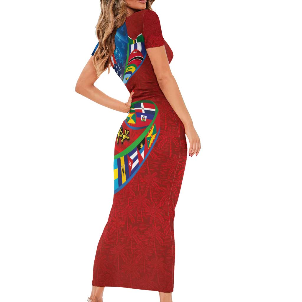 Caribbean-American Heritage Month Family Matching Short Sleeve Bodycon Dress and Hawaiian Shirt National Flags Ribbon Wave Style with US Flag Eagle - Wonder Print Shop