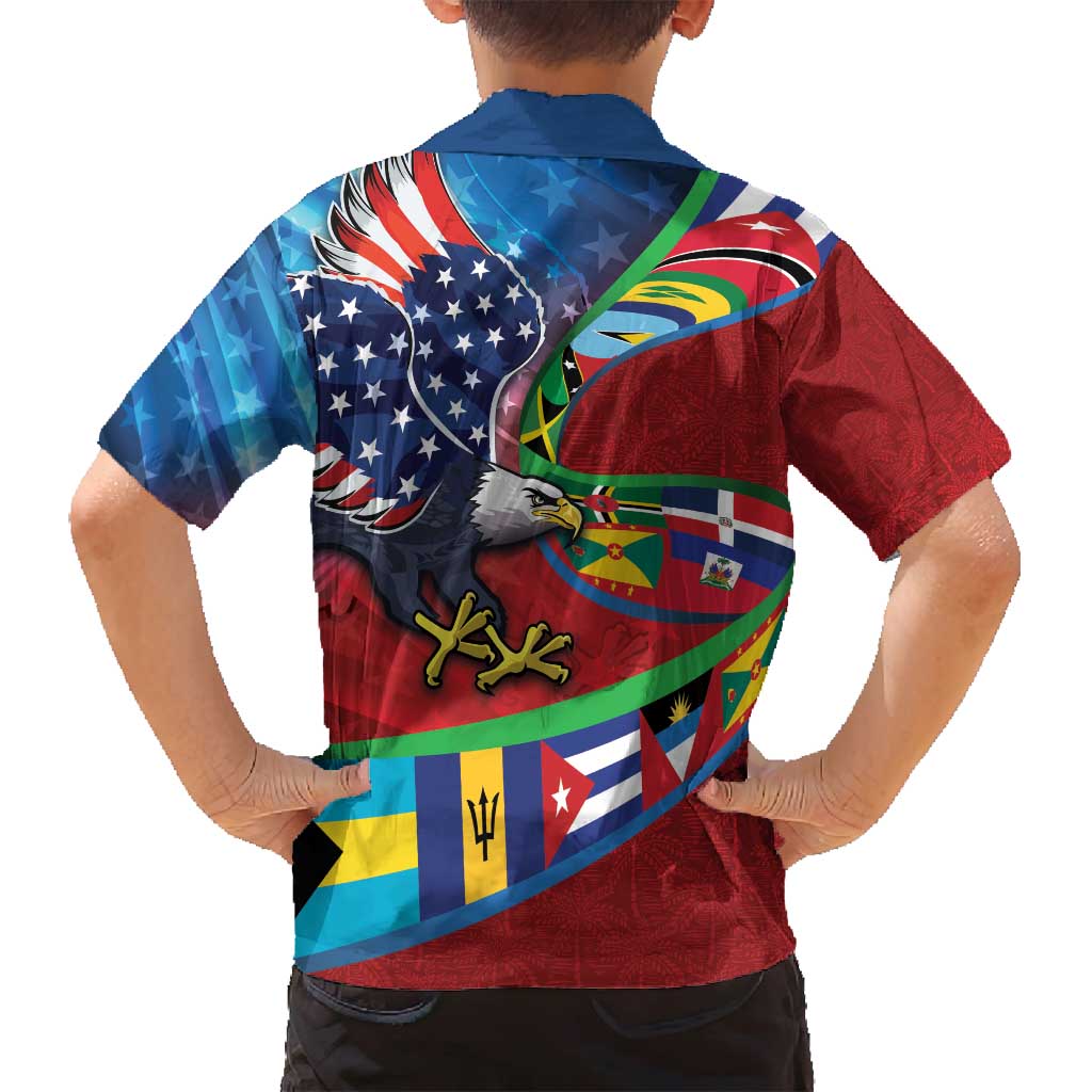 Caribbean-American Heritage Month Family Matching Summer Maxi Dress and Hawaiian Shirt National Flags Ribbon Wave Style with US Flag Eagle - Wonder Print Shop