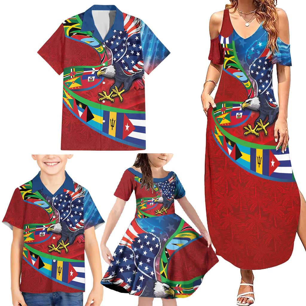 Caribbean-American Heritage Month Family Matching Summer Maxi Dress and Hawaiian Shirt National Flags Ribbon Wave Style with US Flag Eagle - Wonder Print Shop
