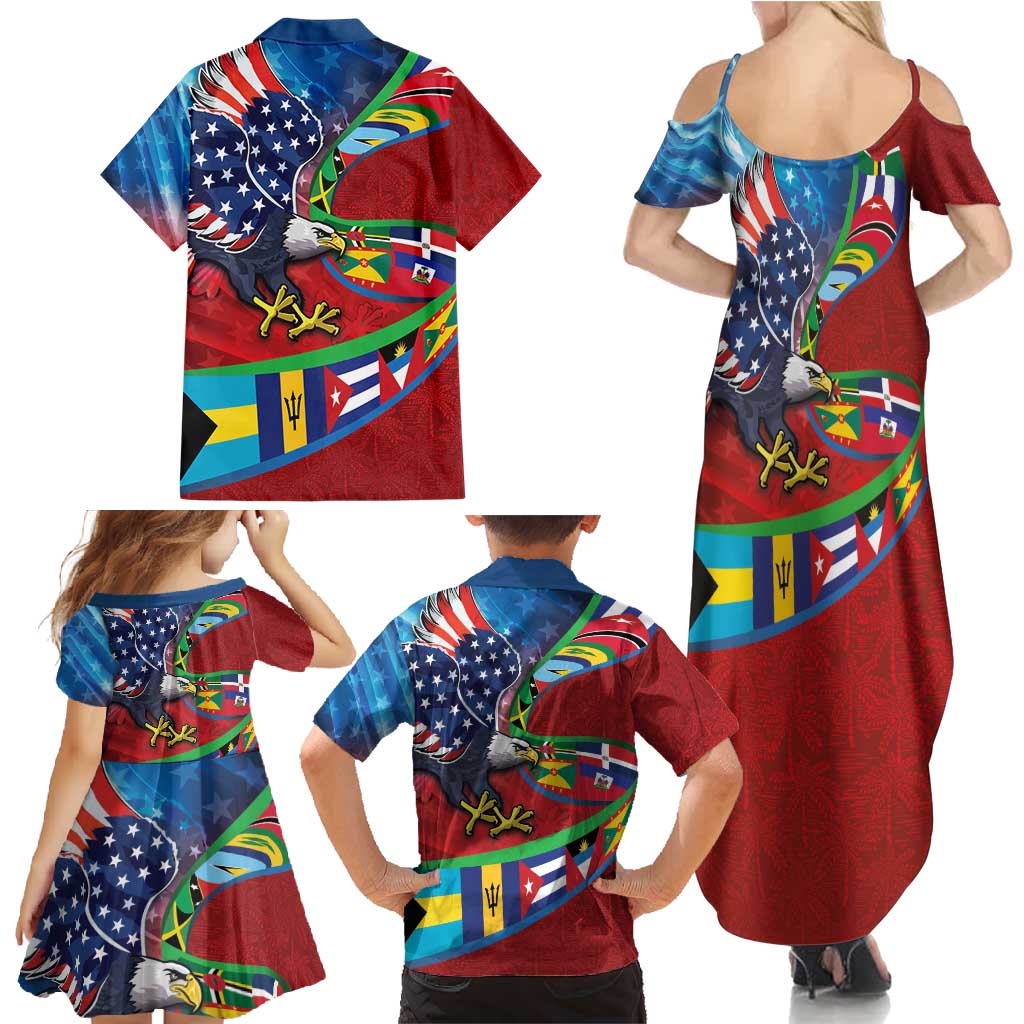 Caribbean-American Heritage Month Family Matching Summer Maxi Dress and Hawaiian Shirt National Flags Ribbon Wave Style with US Flag Eagle - Wonder Print Shop