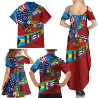 Caribbean-American Heritage Month Family Matching Summer Maxi Dress and Hawaiian Shirt National Flags Ribbon Wave Style with US Flag Eagle - Wonder Print Shop