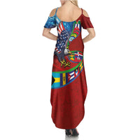 Caribbean-American Heritage Month Family Matching Summer Maxi Dress and Hawaiian Shirt National Flags Ribbon Wave Style with US Flag Eagle - Wonder Print Shop