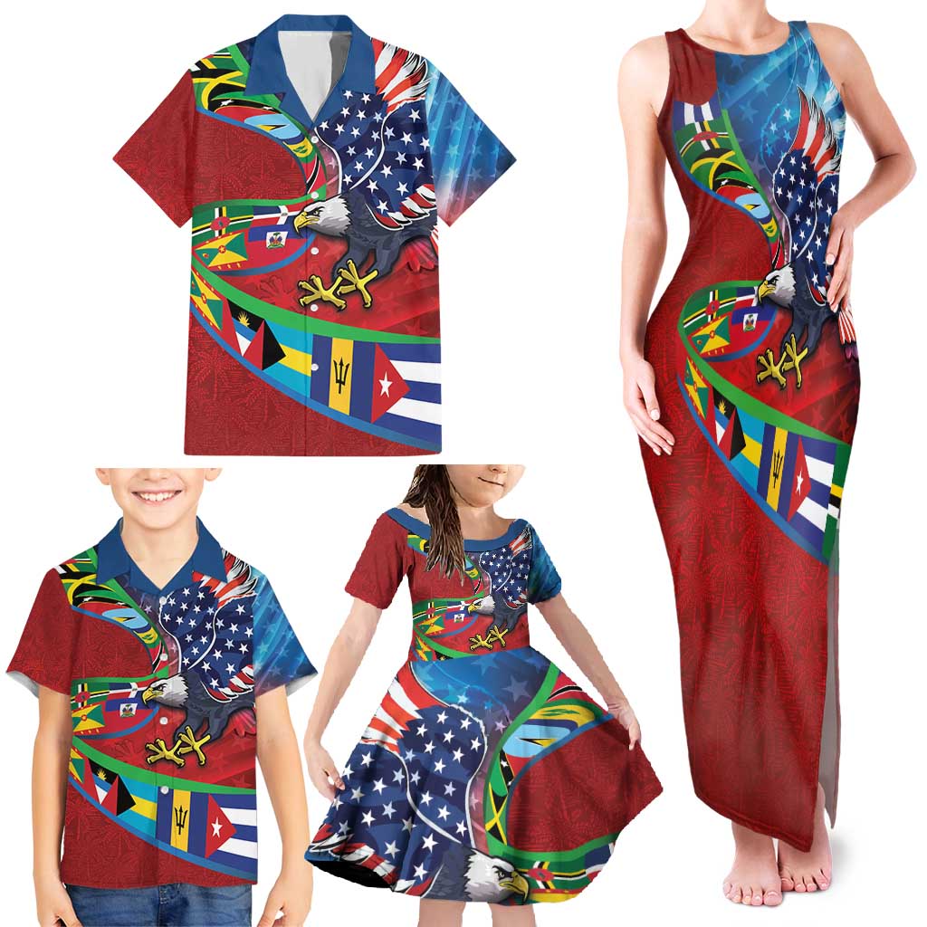 Caribbean-American Heritage Month Family Matching Tank Maxi Dress and Hawaiian Shirt National Flags Ribbon Wave Style with US Flag Eagle - Wonder Print Shop