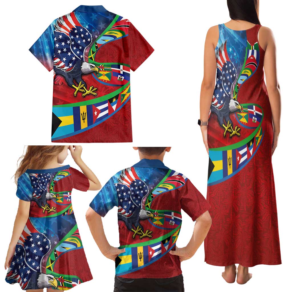 Caribbean-American Heritage Month Family Matching Tank Maxi Dress and Hawaiian Shirt National Flags Ribbon Wave Style with US Flag Eagle - Wonder Print Shop