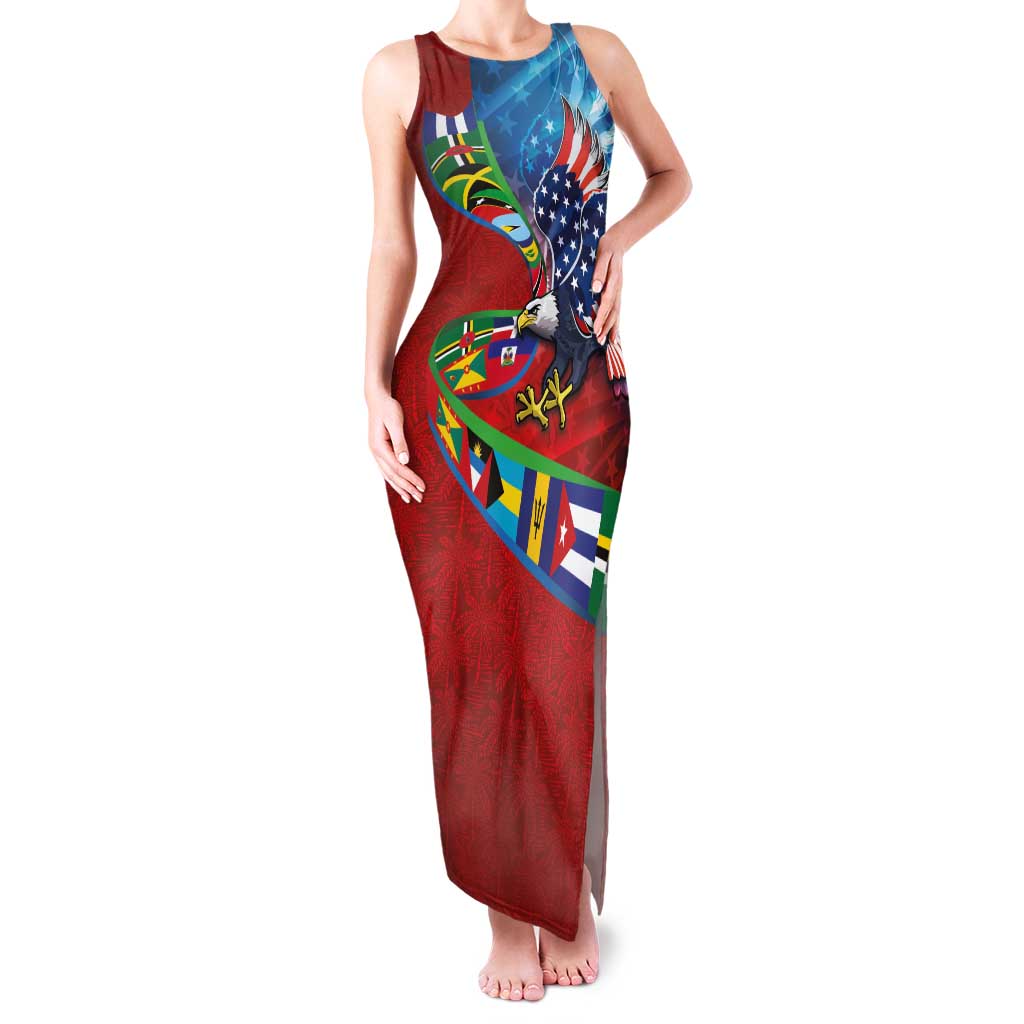 Caribbean-American Heritage Month Family Matching Tank Maxi Dress and Hawaiian Shirt National Flags Ribbon Wave Style with US Flag Eagle - Wonder Print Shop